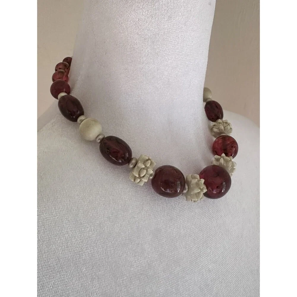 Vintage 1930s Louis Rousselet Art Deco Amber Glass Bead Carved Galalith Necklace